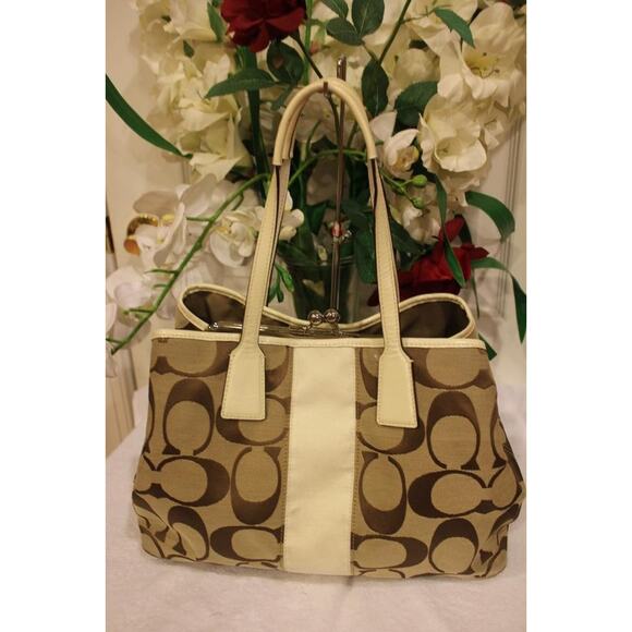 COACH SIGNATURE STRIPE FRAMED PURPLE CARRYALL SATCHEL BAG PURSE #F13533 (p170 - Picture 5 of 10